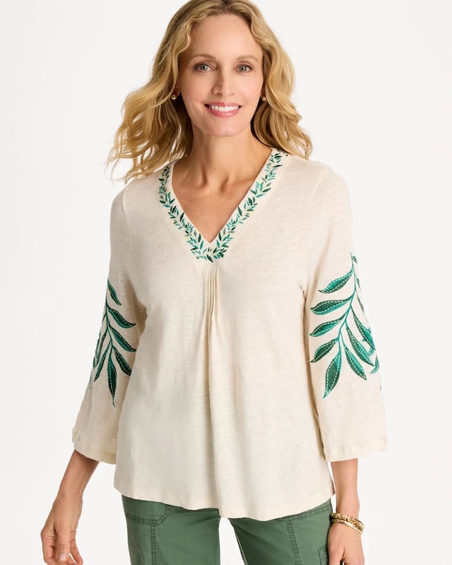 Linen Palm Embroidered Pleated Tee - image 1